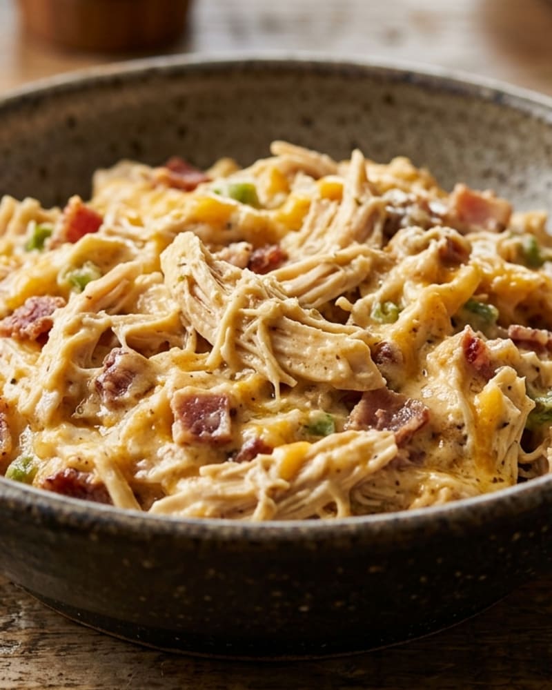 Shredded crack chicken in a creamy cheese sauce with bacon pieces and green onion in a speckled stoneware bowl