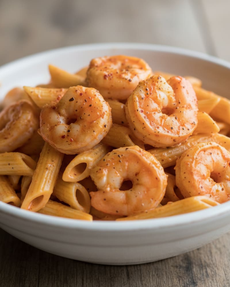Creamy cajun shrimp pasta in a white bowl, penne in an orange spiced cream sauce topped with seared shrimp