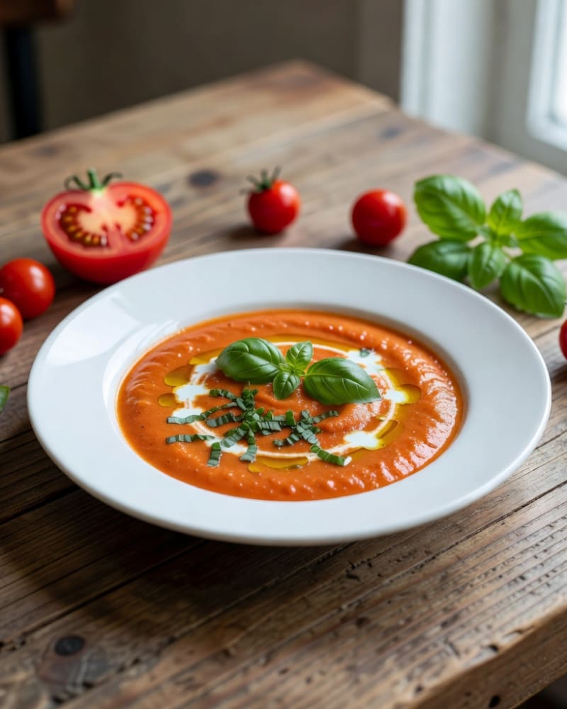 Creamy tomato basil soup in a white bowl with a cream swirl, olive oil and fresh basil, tomatoes on a wooden table