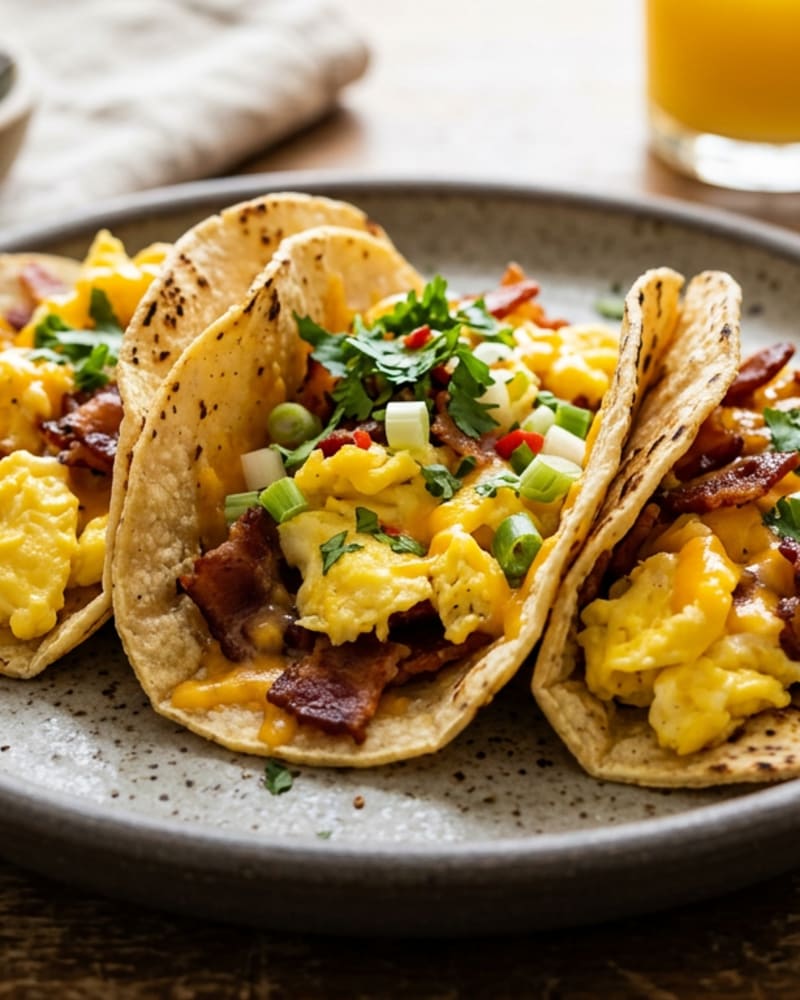 Bacon and egg breakfast tacos filled with scrambled eggs, bacon, melted cheese, scallions and cilantro on a gray plate