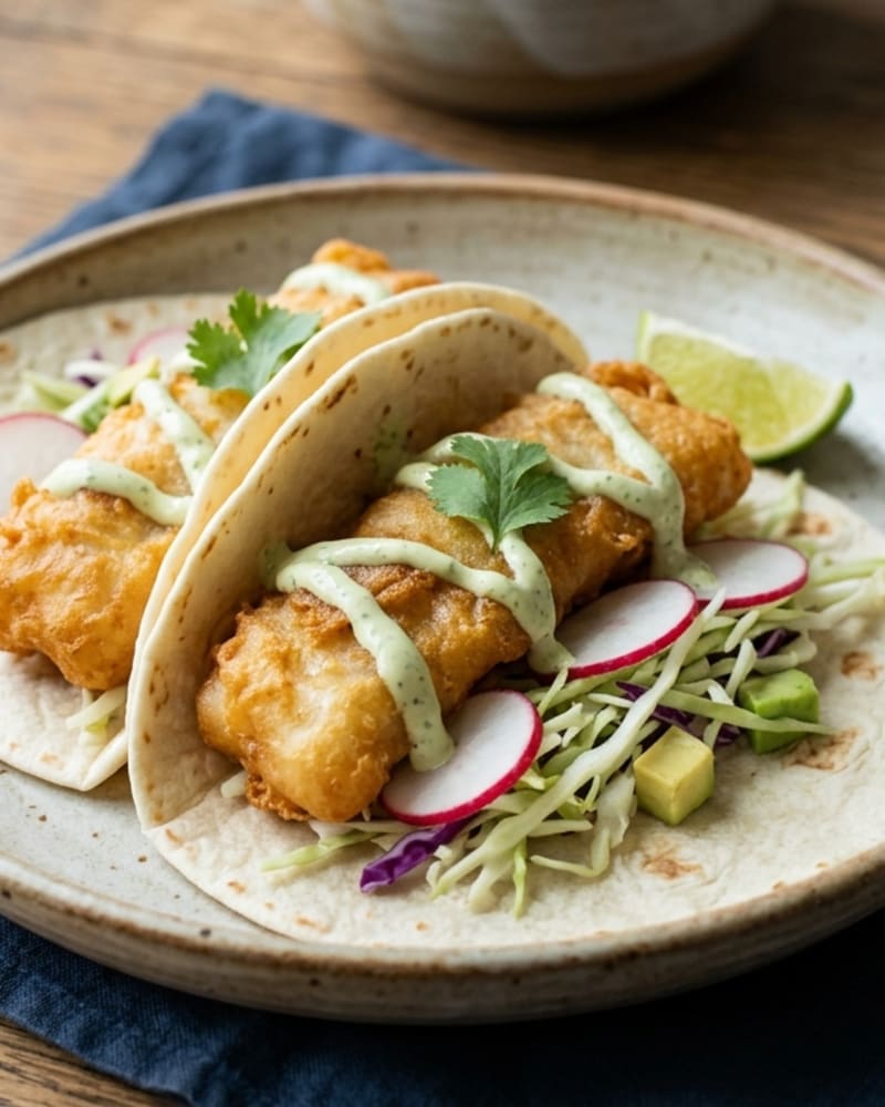 Crispy fish tacos in soft tortillas with golden fried fish, shredded cabbage, sliced radish, a crema drizzle and cilantro