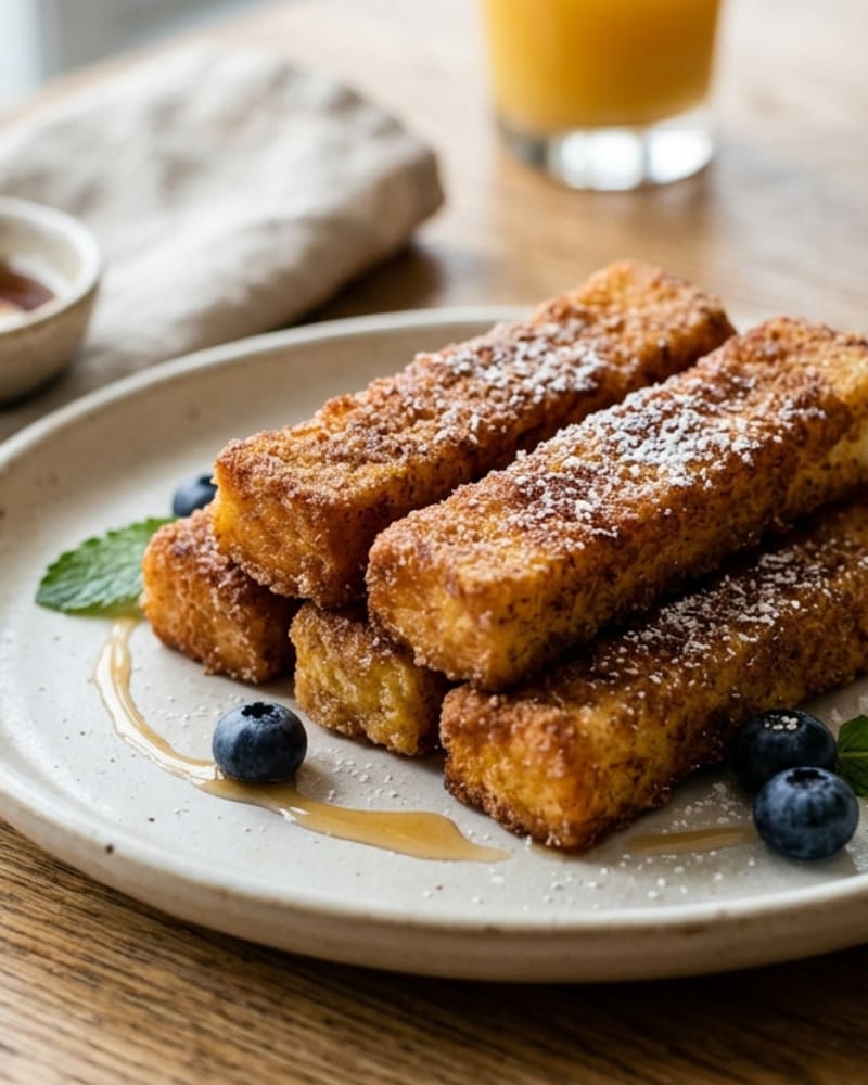 Crispy french toast sticks coated in cinnamon sugar on a plate with syrup, blueberries and mint, orange juice behind