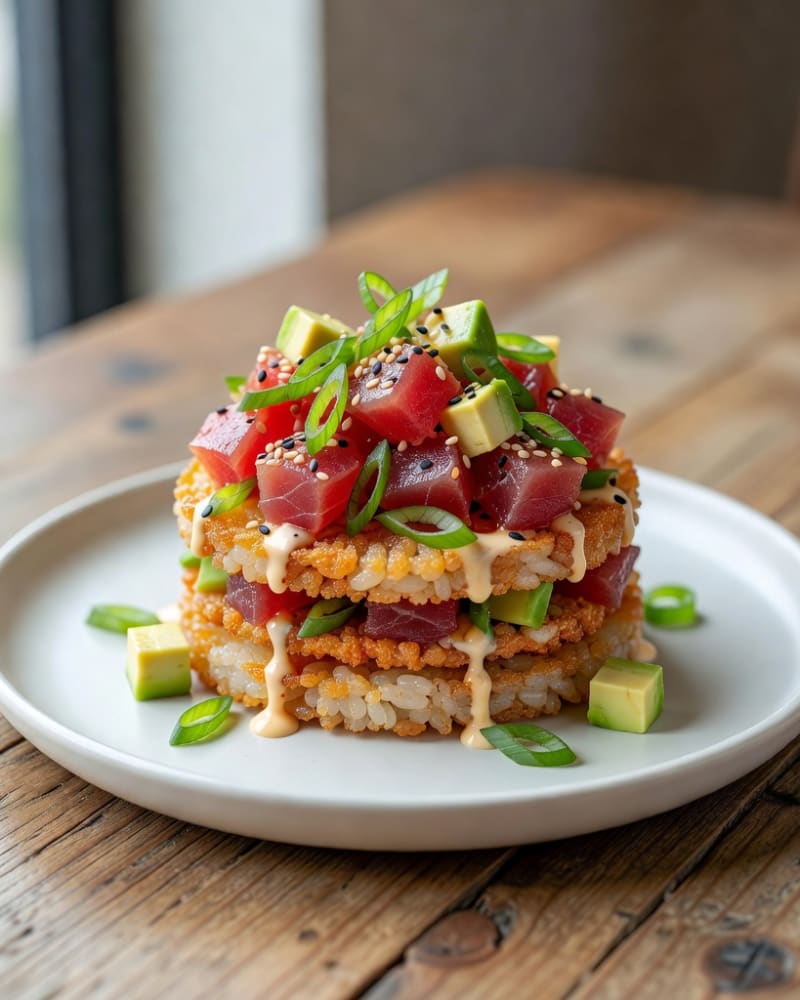 Crispy rice tuna stack of golden rice slabs topped with diced raw tuna, avocado, scallion rings and spicy mayo on a white plate