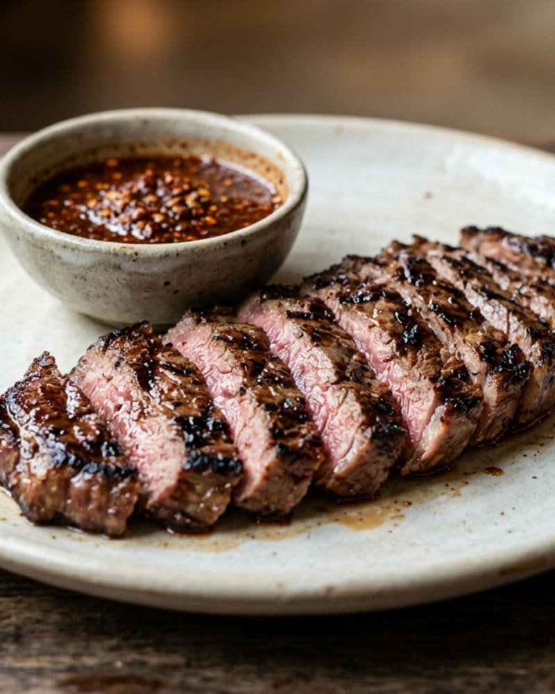 Sliced charred crying tiger flank steak on a plate beside a bowl of red chili dipping sauce