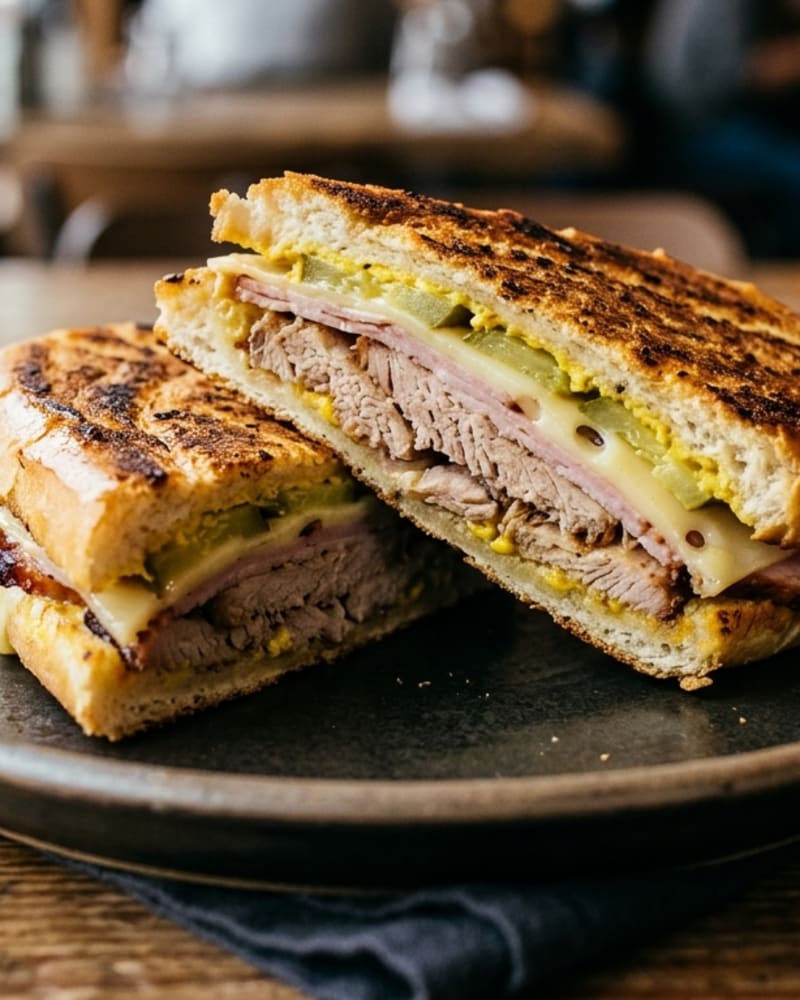 A pressed cubano sandwich cut in half on the diagonal, showing sliced pork, ham, melted Swiss, pickles and mustard