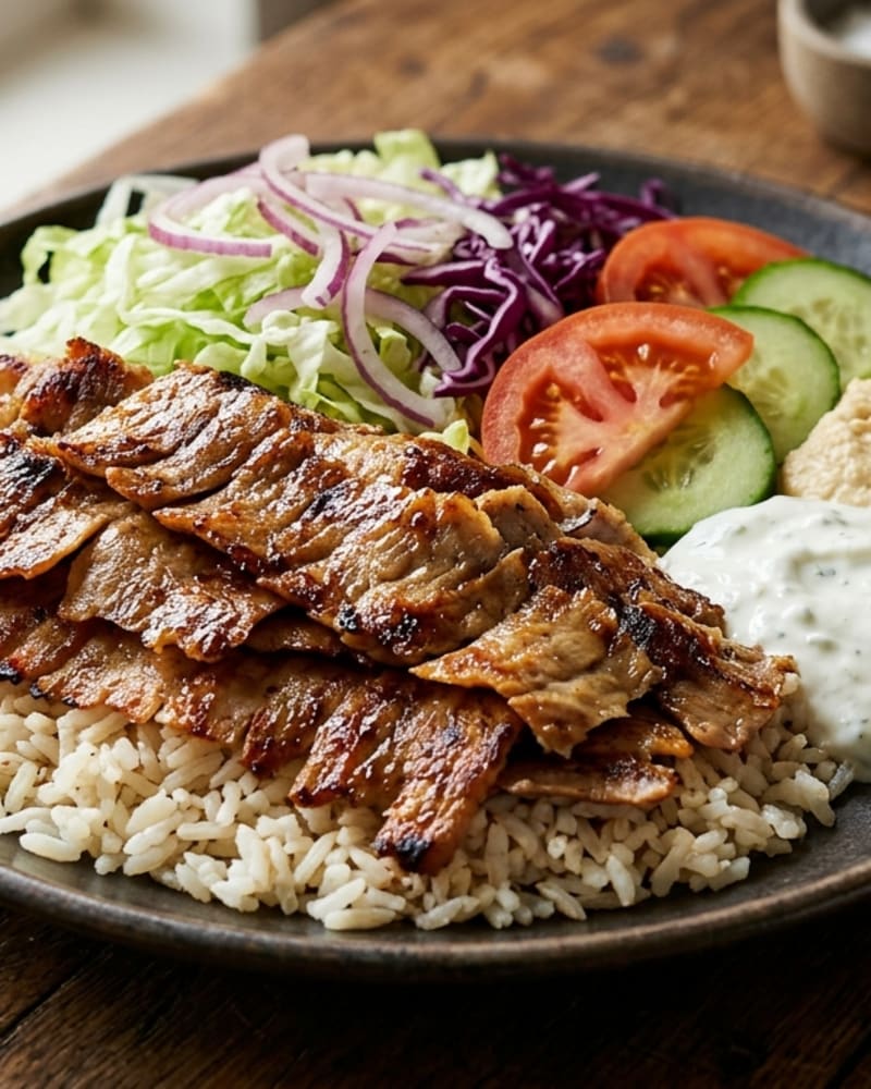 Doner kebab recipe plate: sliced browned meat over rice with lettuce, tomato, cucumber, cabbage and white sauce
