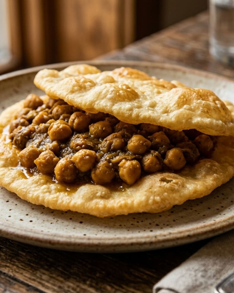 Doubles recipe: two golden fried bara sandwiching saucy curried chickpeas on a speckled plate