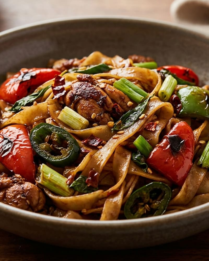 Drunken noodles recipe in a gray bowl, wide rice noodles with seared chicken, scallions, red peppers, chilies and basil