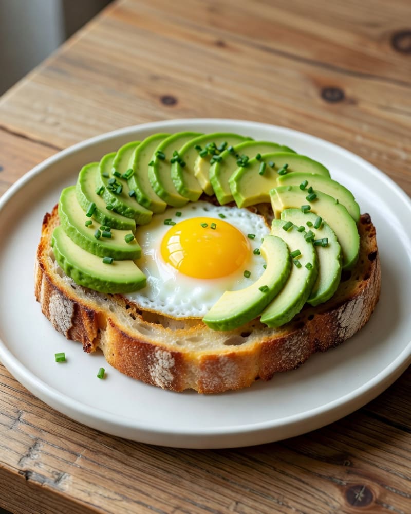 Egg-in-a-hole avocado toast: sourdough with a runny-yolk fried egg, fanned avocado slices and chives on a white plate