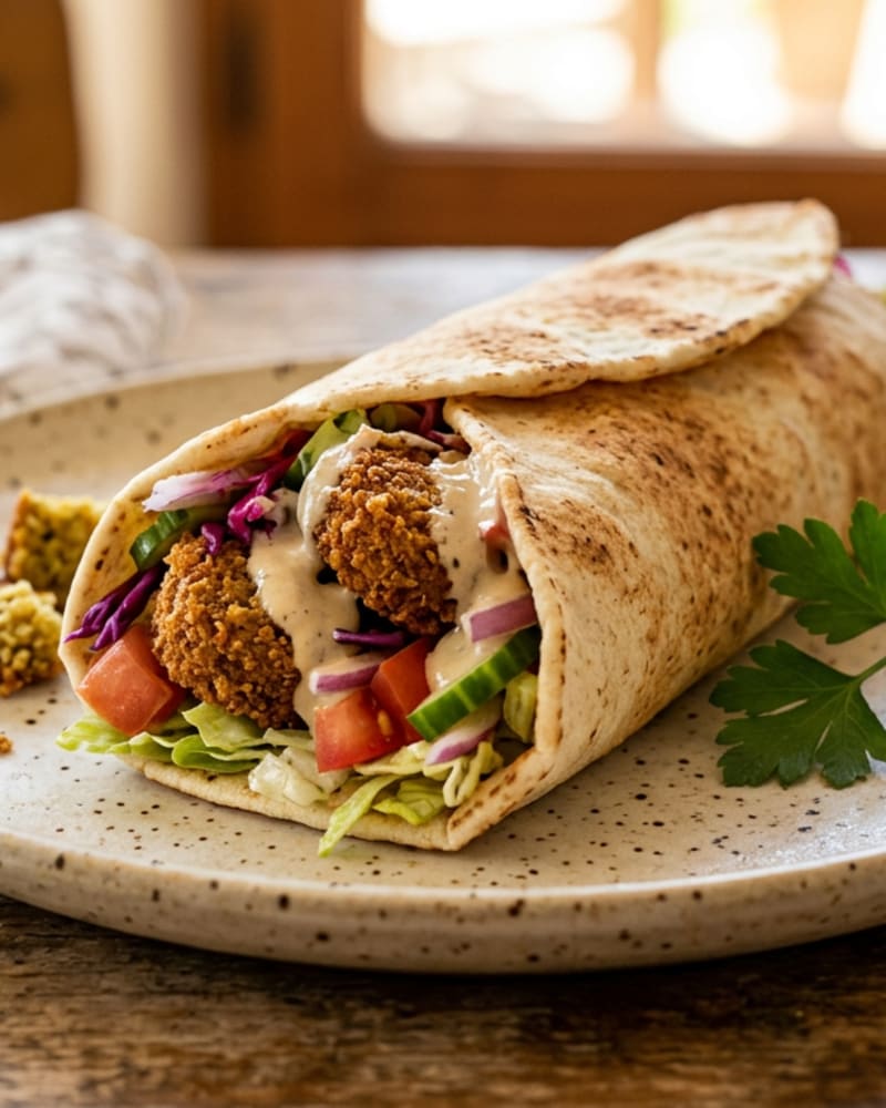 Falafel wrap in toasted flatbread with crisp falafel, tahini sauce, tomato, lettuce, red cabbage, cucumber and red onion
