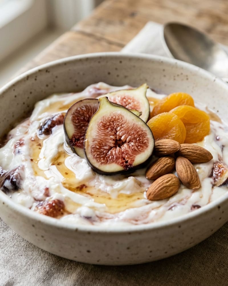 Fig and honey yogurt bowl with halved fresh figs, dried apricots and almonds on honey-swirled Greek yogurt