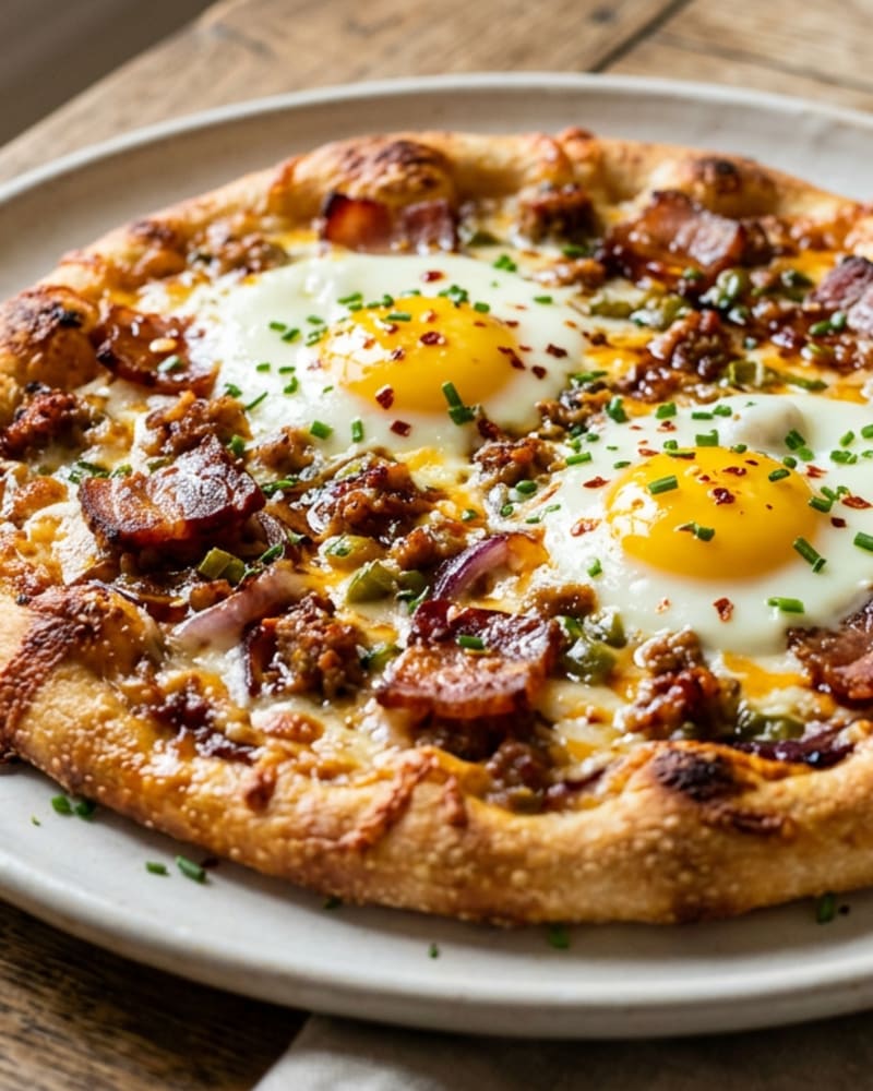 Breakfast pizza with two sunny eggs, crumbled bacon, melted cheese, chili flakes and chives on a golden crust