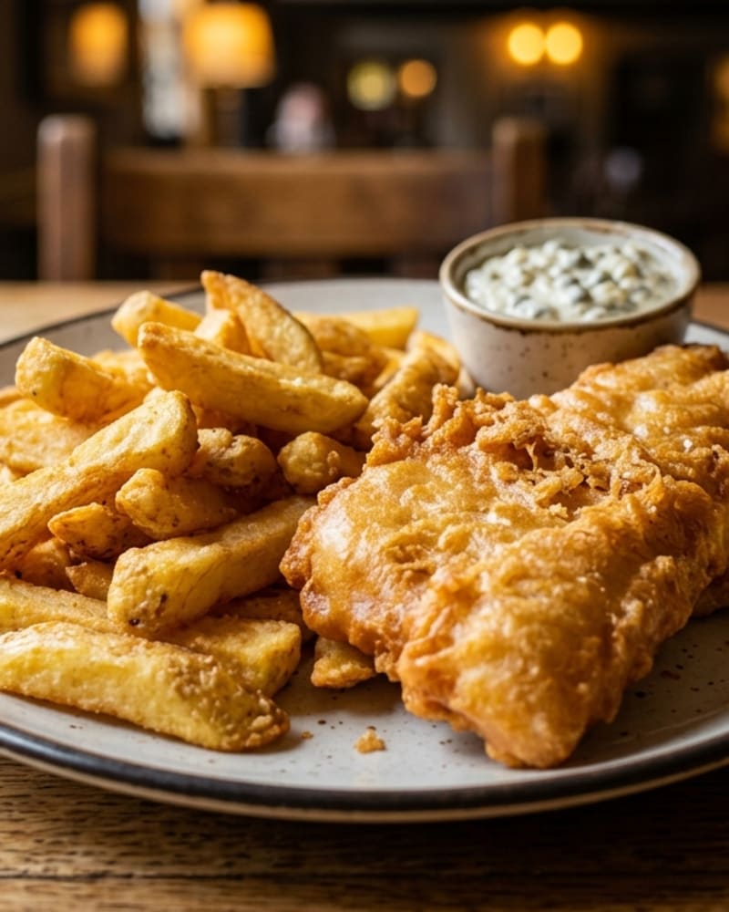 Fish and chips recipe result: beer-battered cod fillet and thick-cut fries on a plate with a small bowl of tartar sauce