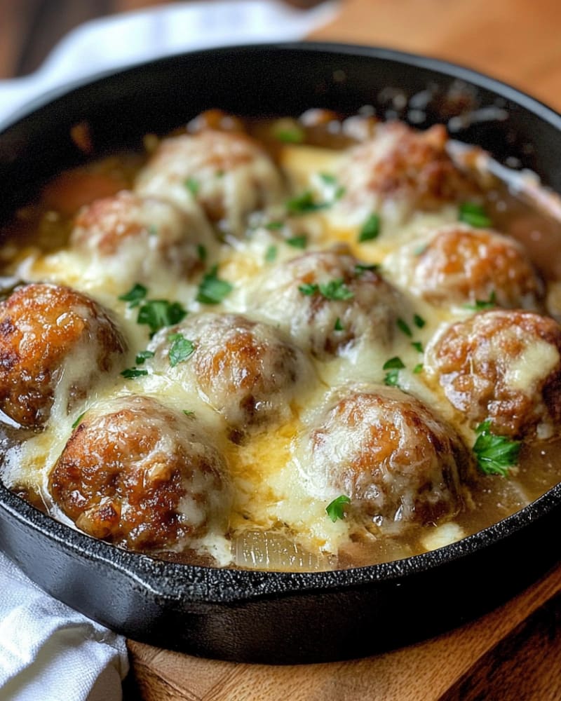 French onion soup meatballs in a cast iron skillet under melted cheese, sitting in onion broth with chopped parsley