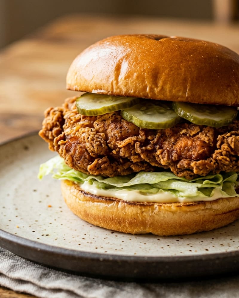 Fried chicken sandwich with a craggy golden cutlet with pickle slices, lettuce and sauce on a toasted bun