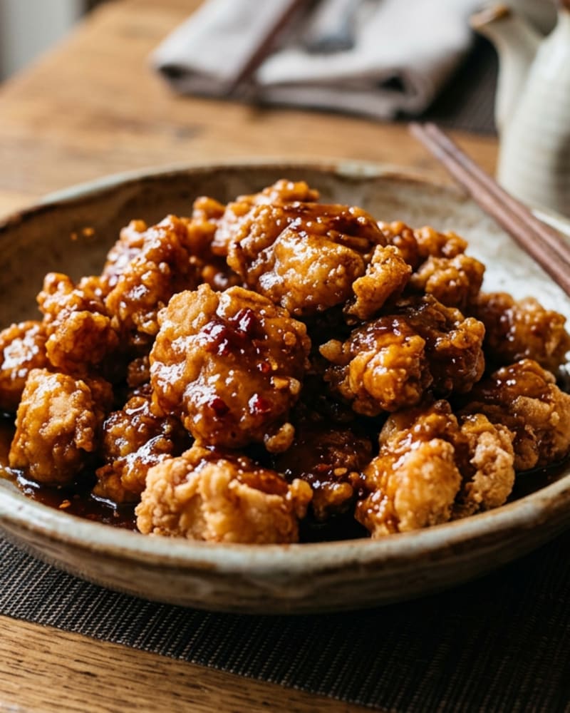 General Tso chicken in a stoneware bowl, crispy pieces in a glossy sauce flecked with red pepper, chopsticks alongside