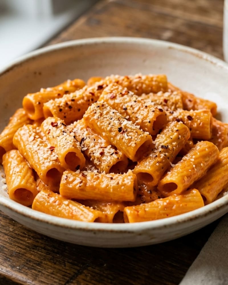 Gigi Hadid pasta recipe: ridged rigatoni in a shallow bowl, coated in orange-pink sauce with parmesan and red pepper flakes