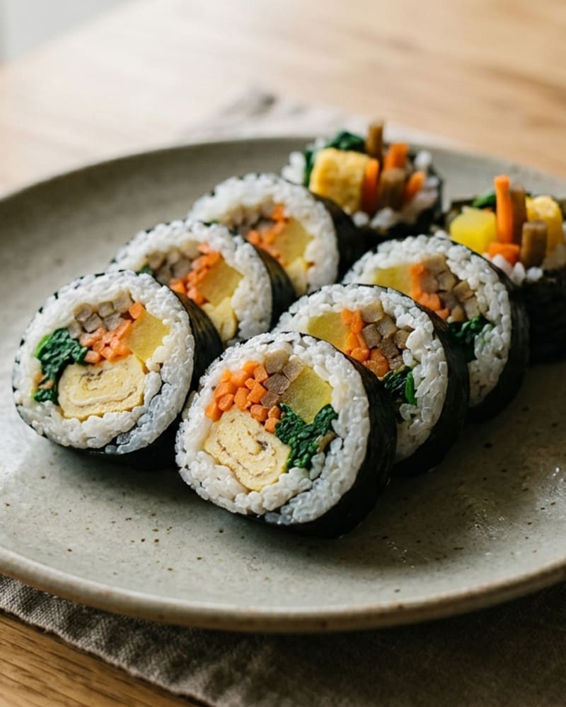 Gimbap recipe rolls sliced into rounds on a stoneware plate, showing egg, carrot, spinach and yellow radish inside the rice