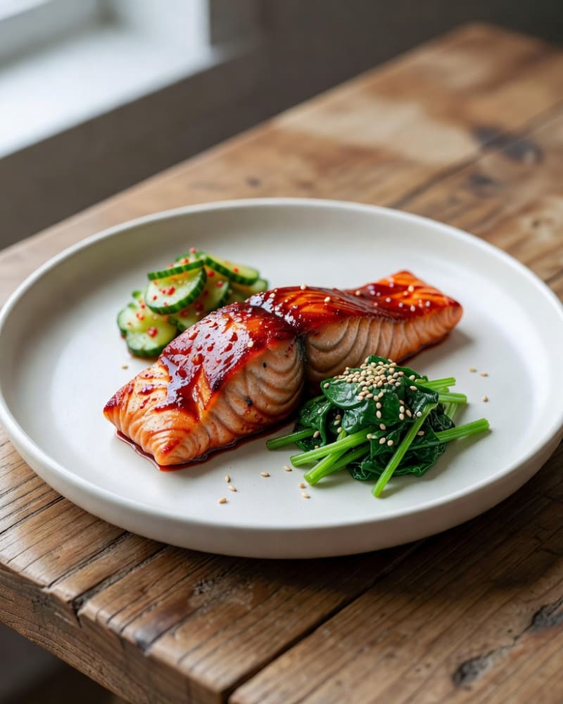 Gochujang salmon fillet with a glossy red glaze on a white plate beside sesame spinach and cucumber salad