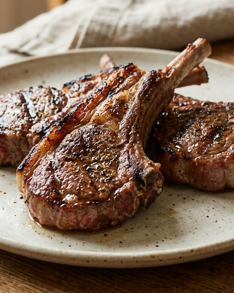 Greek lamb chops recipe: three browned bone-in lamb chops with charred edges and herb flecks on a speckled cream plate