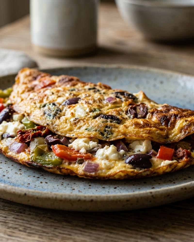 Greek omelette folded on a speckled blue plate, filled with feta, Kalamata olives, red pepper and red onion