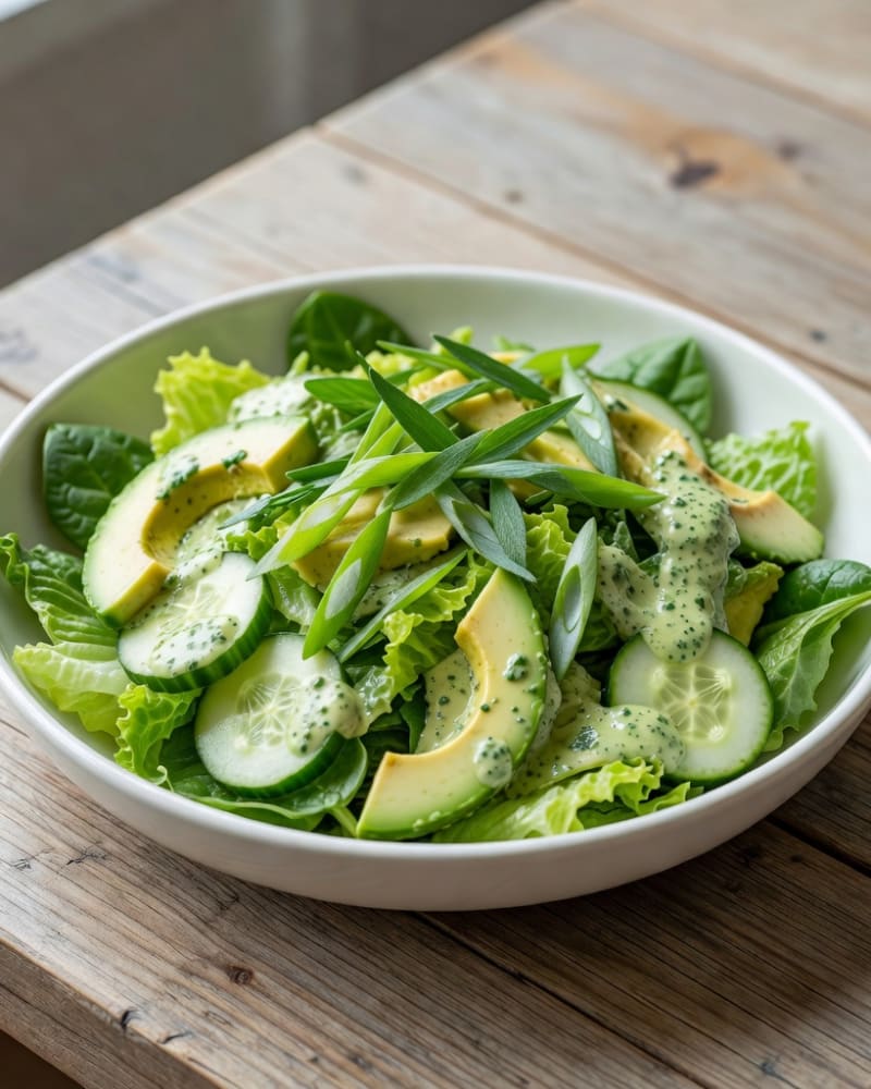Green goddess salad in a white bowl with lettuce, spinach, sliced cucumber and avocado, scallion strips and herb dressing