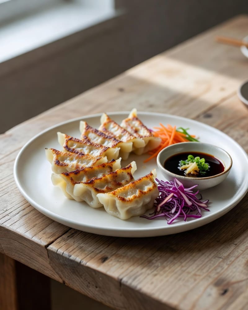Gyoza recipe result: pan-fried dumplings with browned bottoms on a white plate beside soy dipping sauce and shredded cabbage