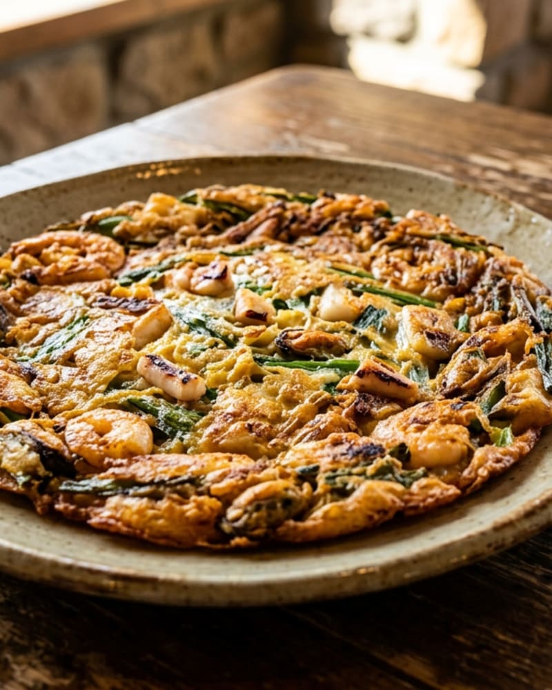 Haemul pajeon recipe: golden seafood and scallion pancake with shrimp and squid pieces on a rustic ceramic plate