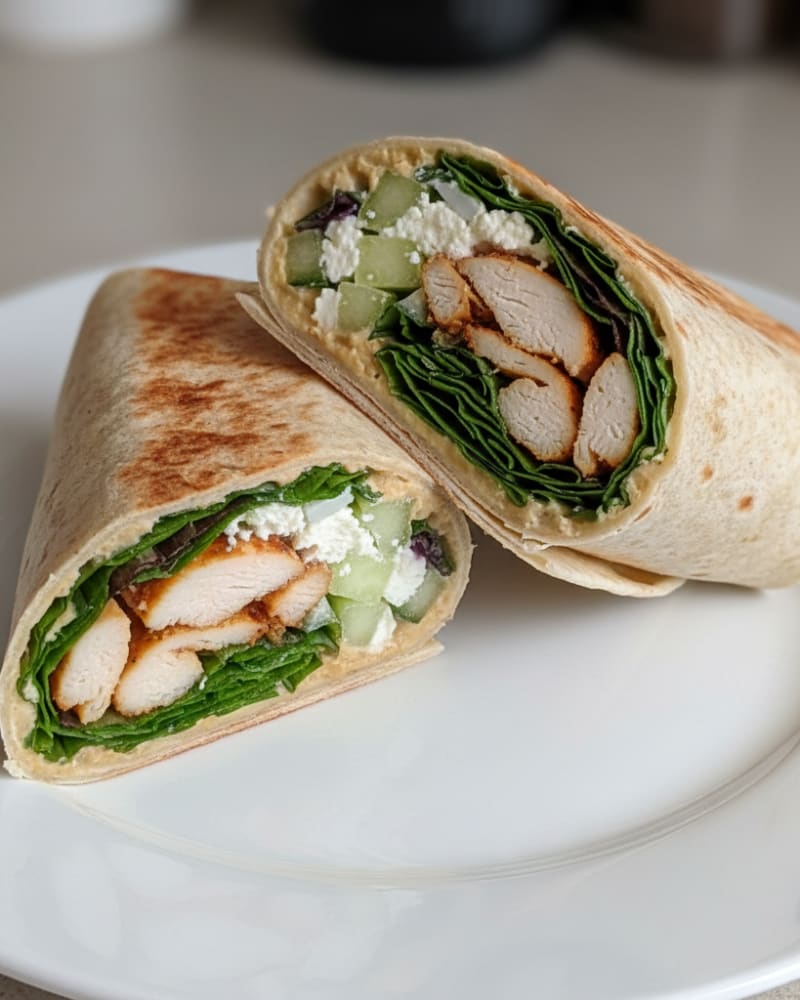 Two halves of a high-protein chicken wrap showing sliced chicken, feta, cucumber, greens and hummus in a toasted tortilla