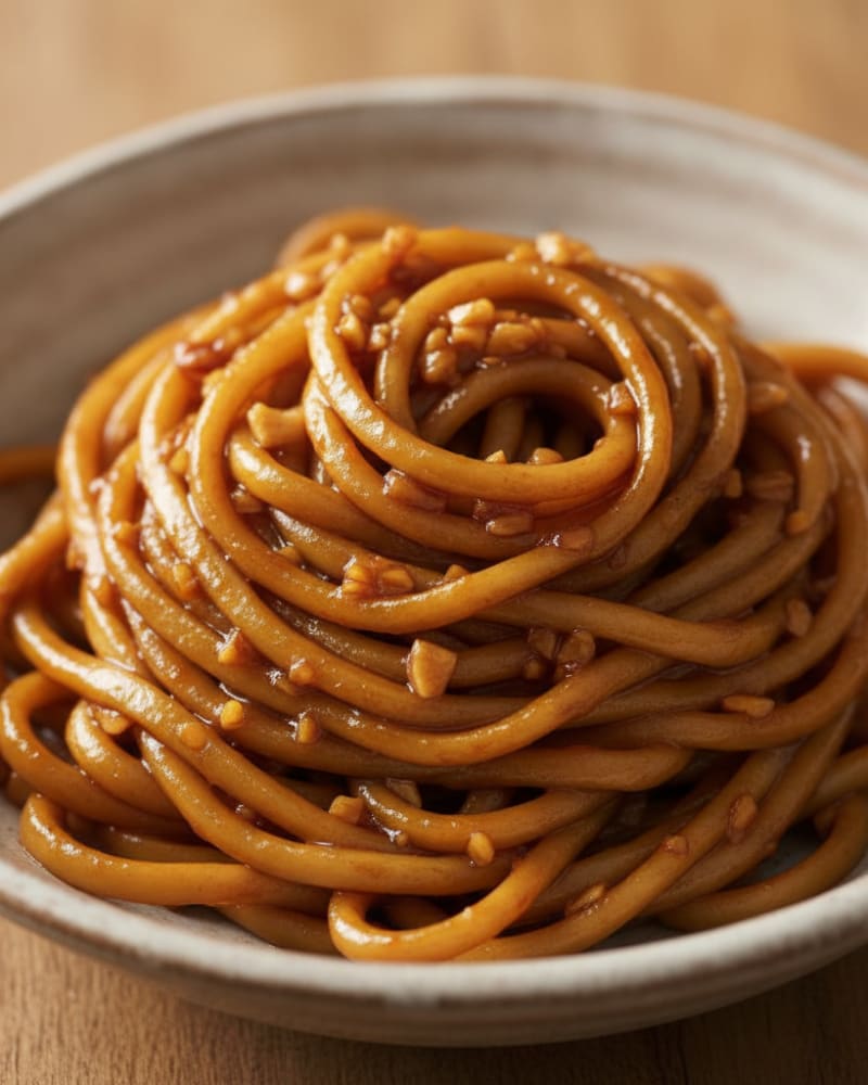 Hoisin garlic noodles coiled in a pale ceramic bowl, glossy brown strands with bits of minced garlic