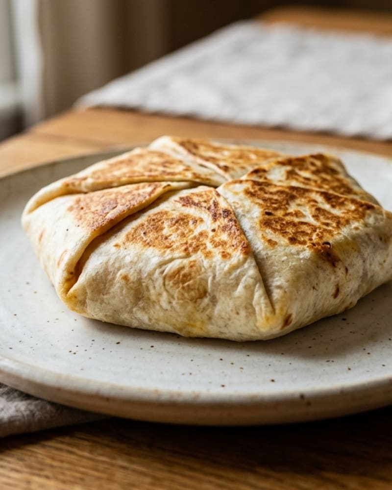 Homemade breakfast crunchwrap recipe: a golden, crisped folded tortilla hexagon on a speckled plate