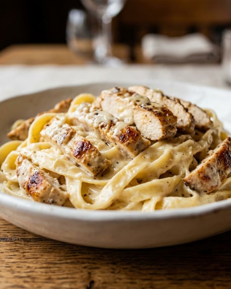 Copycat Cheesecake Factory Alfredo: creamy fettuccine in a white bowl topped with sliced golden-seared chicken