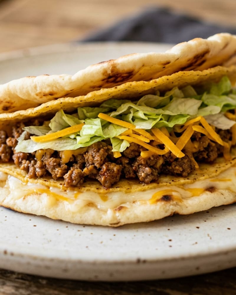 Cheesy gordita crunch: soft flatbread around a taco shell with seasoned beef, cheddar and shredded lettuce