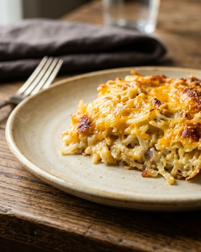 Hashbrown casserole with a golden cheddar top, one scoop on a stoneware plate with a fork