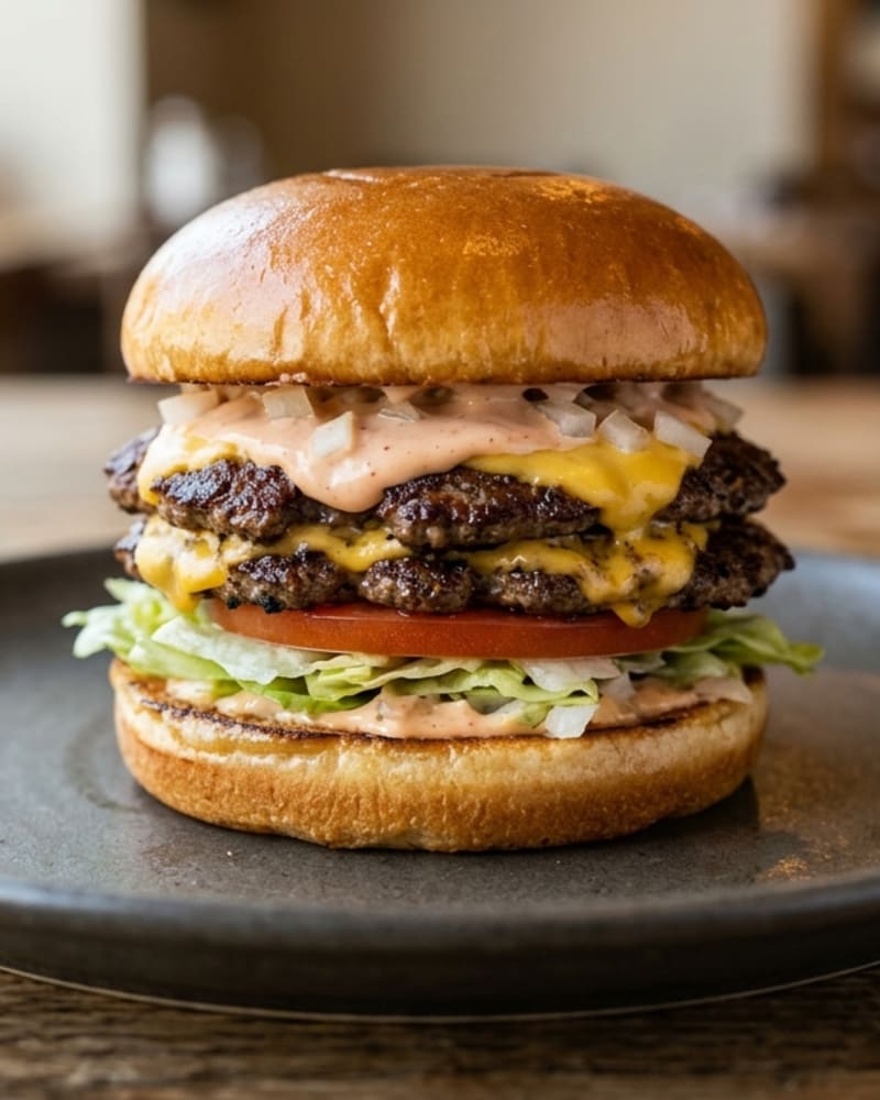 Double double burger with two seared patties, melted cheese, tomato, lettuce and onion on a toasted bun