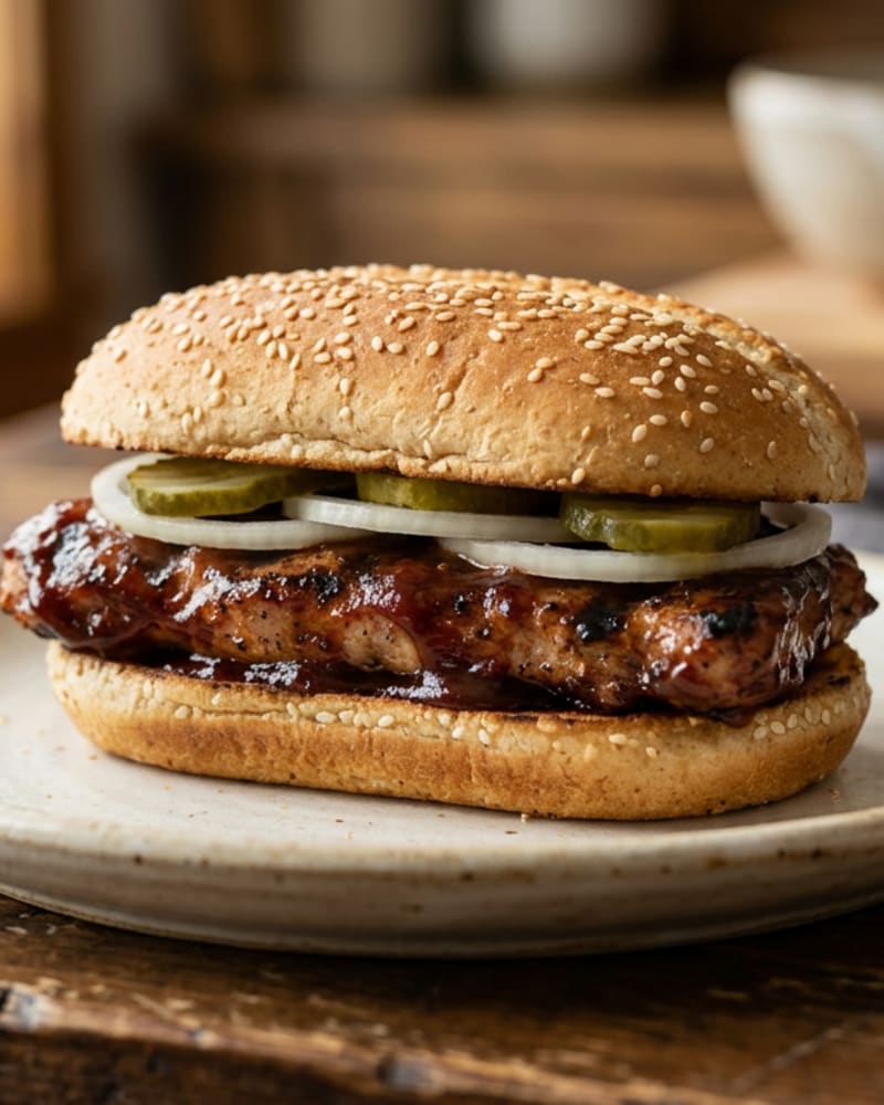 Homemade McRib recipe: a glazed barbecue pork cutlet on a sesame bun with onion rings and pickle slices