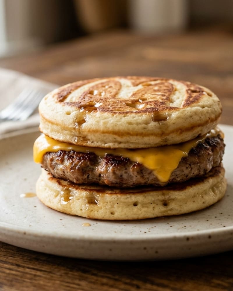 Homemade sausage mcgriddle recipe: a sausage patty and melted cheese between two golden maple cakes on a plate