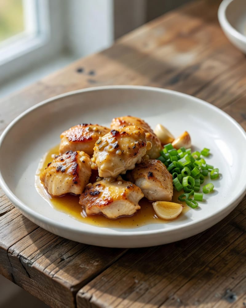 Honey garlic butter chicken on a white plate, seared pieces in a glossy honey garlic sauce with garlic cloves and scallions