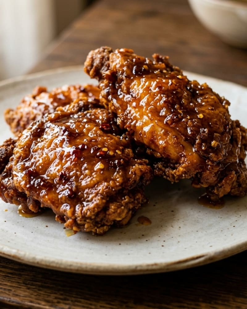 Glossy hot honey chicken thighs in a crumb crust, flecked with chili, stacked on a speckled plate