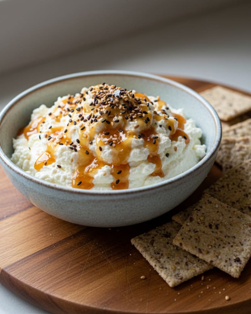 Hot honey cottage cheese bowl topped with everything seasoning, with seeded crackers on a wooden board