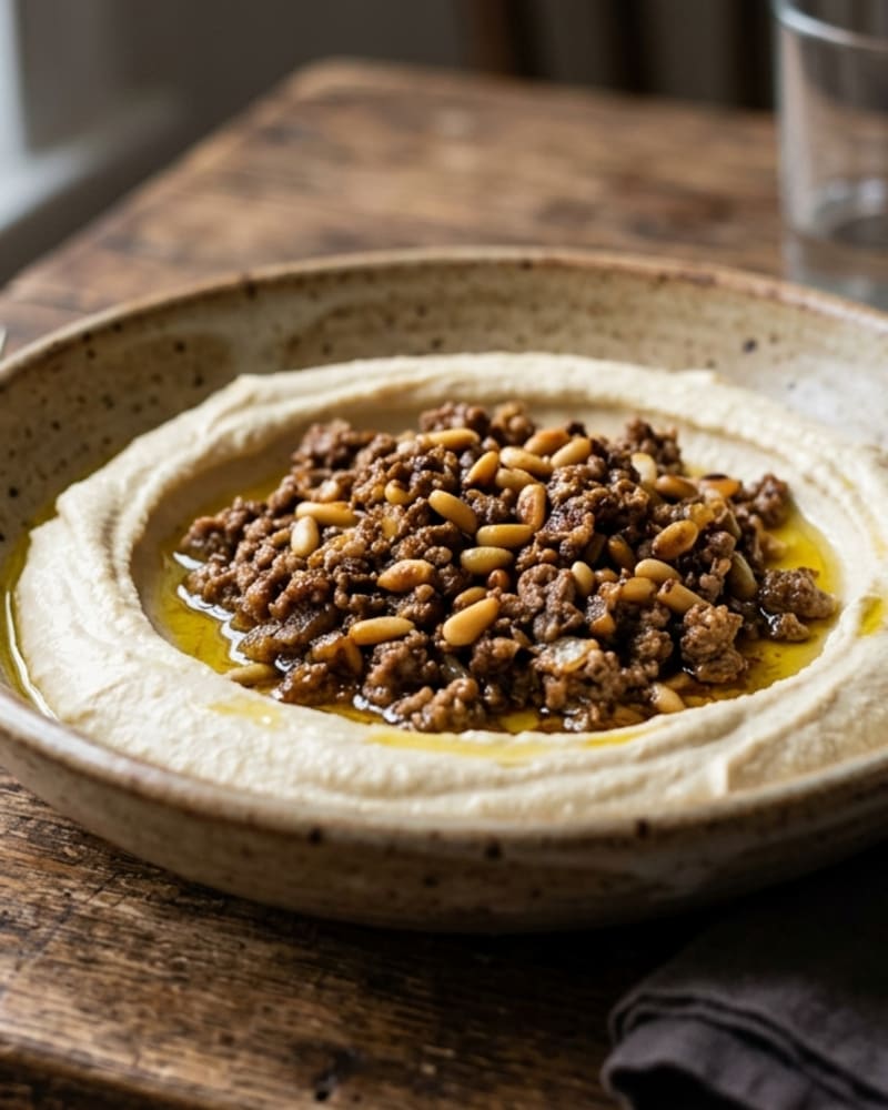 Hummus bil lahme recipe: a swoop of hummus topped with spiced ground beef, pine nuts, and olive oil in a wide bowl
