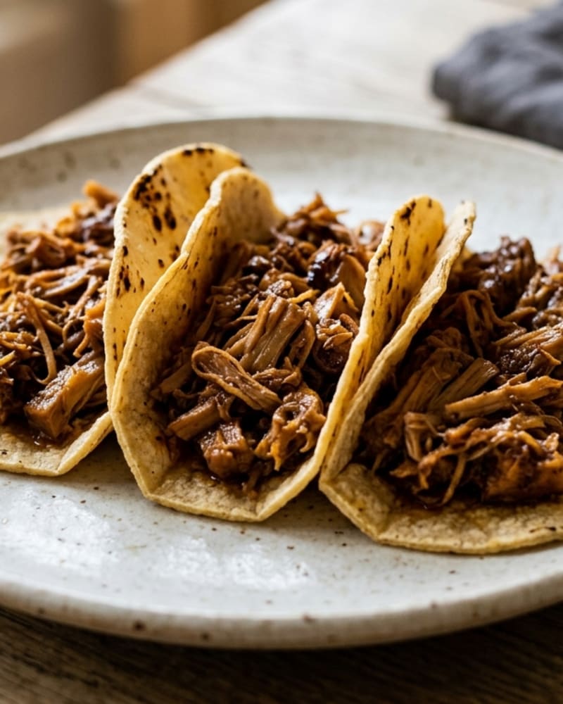 Three jackfruit tacos with shredded, sticky BBQ jackfruit in charred corn tortillas on a speckled plate