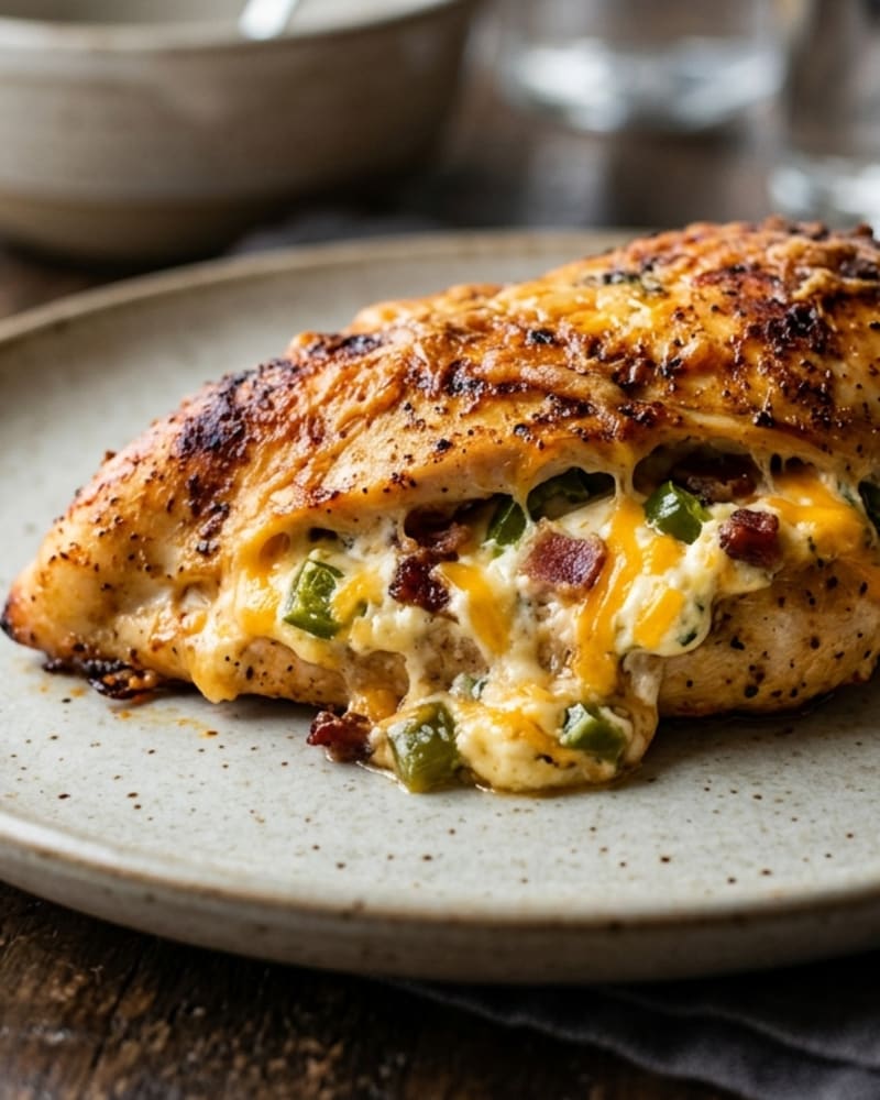 Jalapeño popper chicken breast with melted cheddar, cream cheese, bacon and diced jalapeño spilling out, on a speckled plate