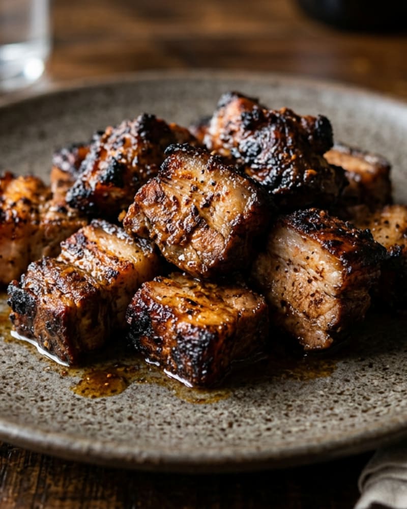 Jerk pork recipe result: charred, blackened chunks of pork shoulder piled on a speckled gray stoneware plate