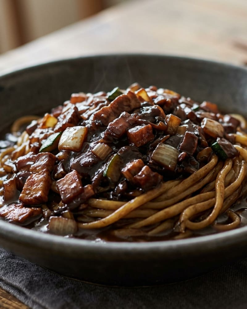 Jjajangmyeon in a dark bowl, glossy black bean sauce with diced meat and vegetables piled over wheat noodles
