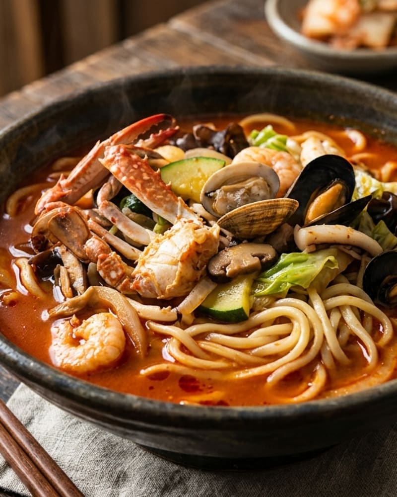 Bowl of jjamppong with fresh noodles, shrimp, squid, mussels, clams, crab and zucchini in a red spicy broth