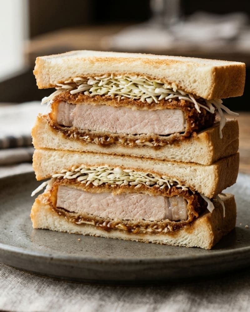Katsu sando cut in half and stacked on a plate, a breaded cutlet and shredded cabbage between toasted white bread