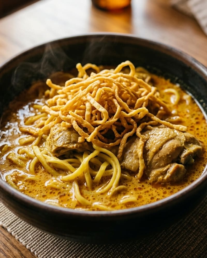 Khao soi in a dark bowl, chicken thigh pieces and egg noodles in orange coconut curry under a nest of crispy fried noodles