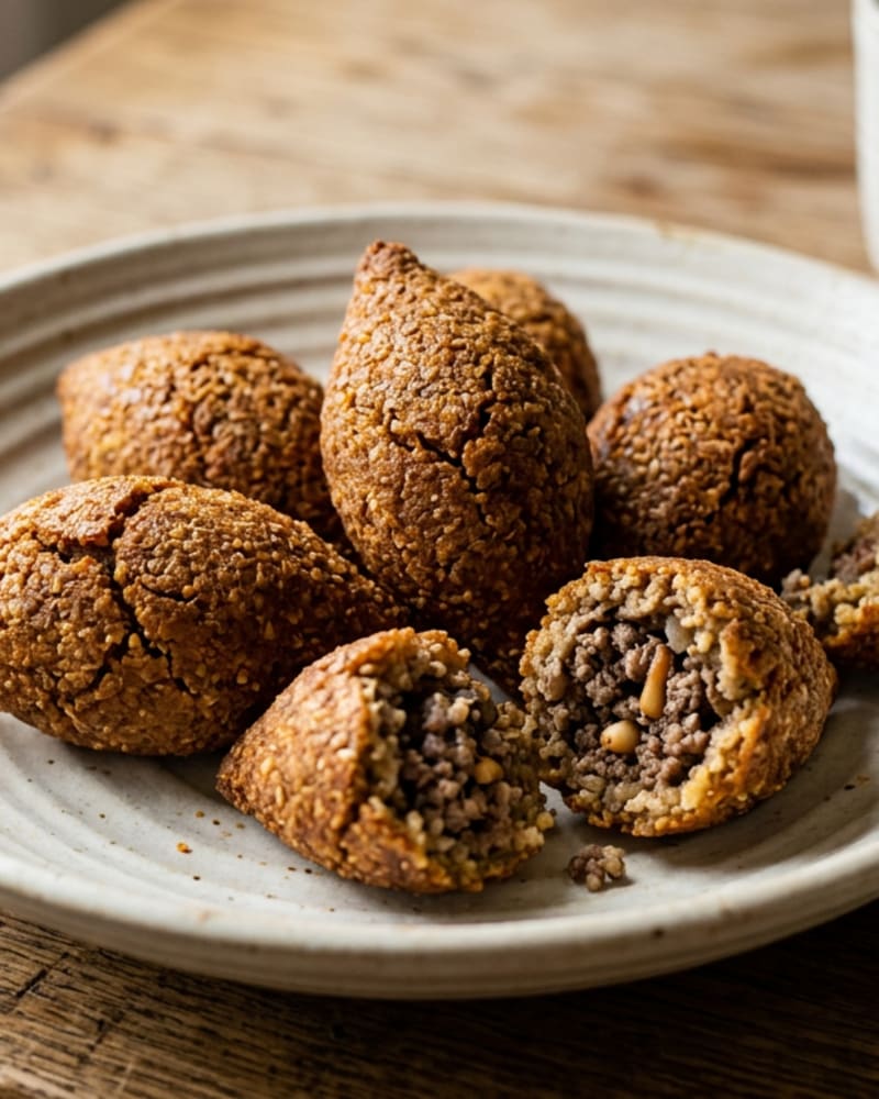 Kibbeh recipe result: fried bulgur and beef kibbeh on a ceramic plate, two broken open to show beef and pine nuts