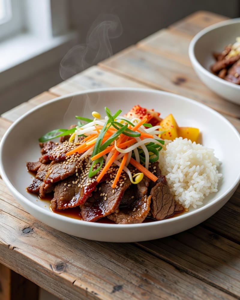 Beef bulgogi bowl with seared sliced beef, sesame seeds, carrot and scallion slaw, bean sprouts, white rice and kimchi